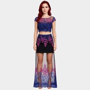 Weraberto Size L, Elegant Blue and Pink Lace Skirt Set